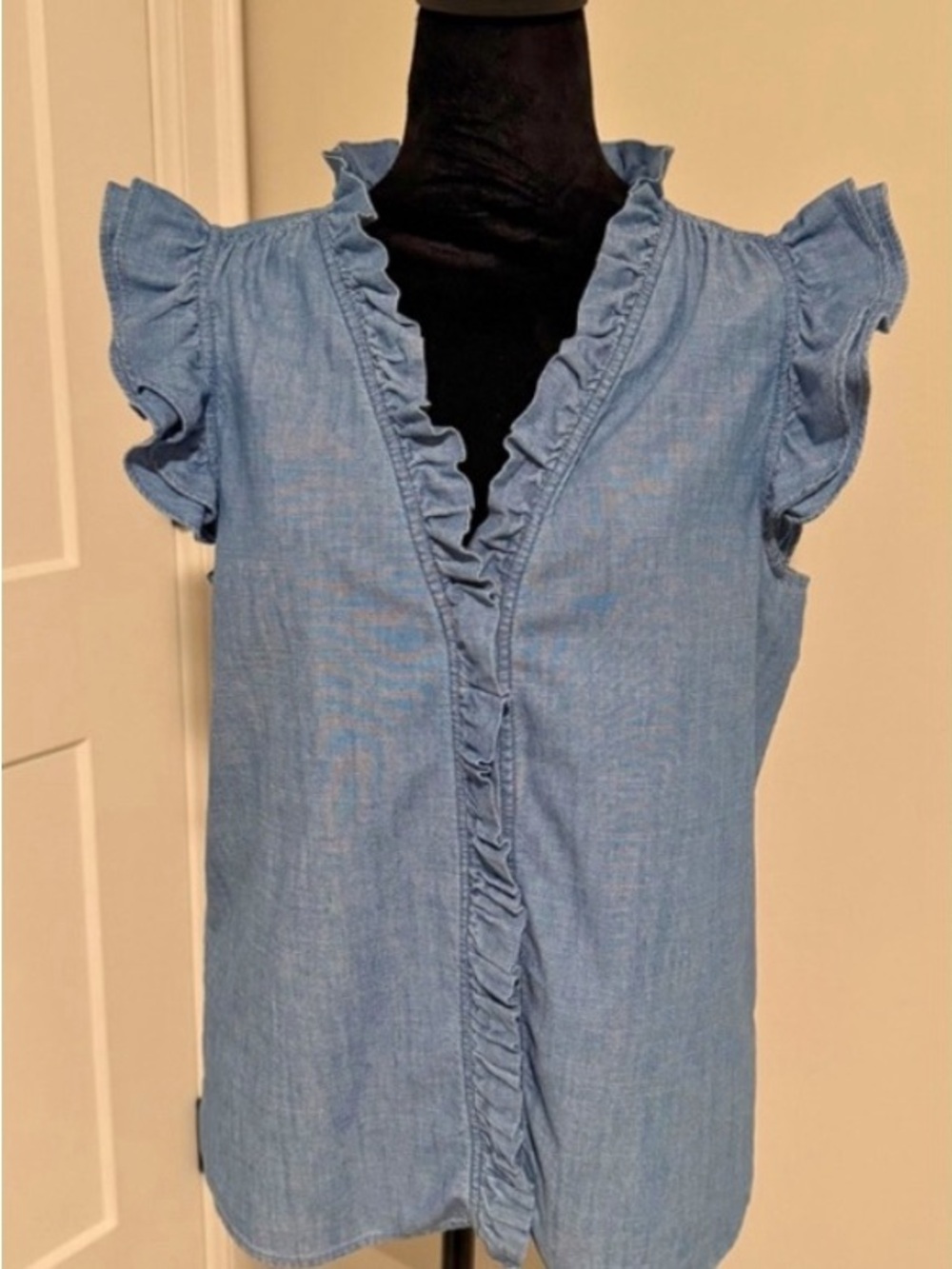 J. Crew Denim Light Blue Ruffled Chambray Sleeveless Top